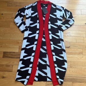 Black and White duster cardigan with Red Trim - Small